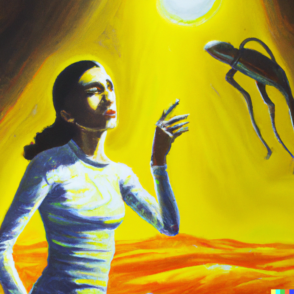 Futuristic Science Speech Topics are depicted by an Expressive oil painting of a space explorer studying extraterrestrial life depicted on a glowing alien planet's surface.
